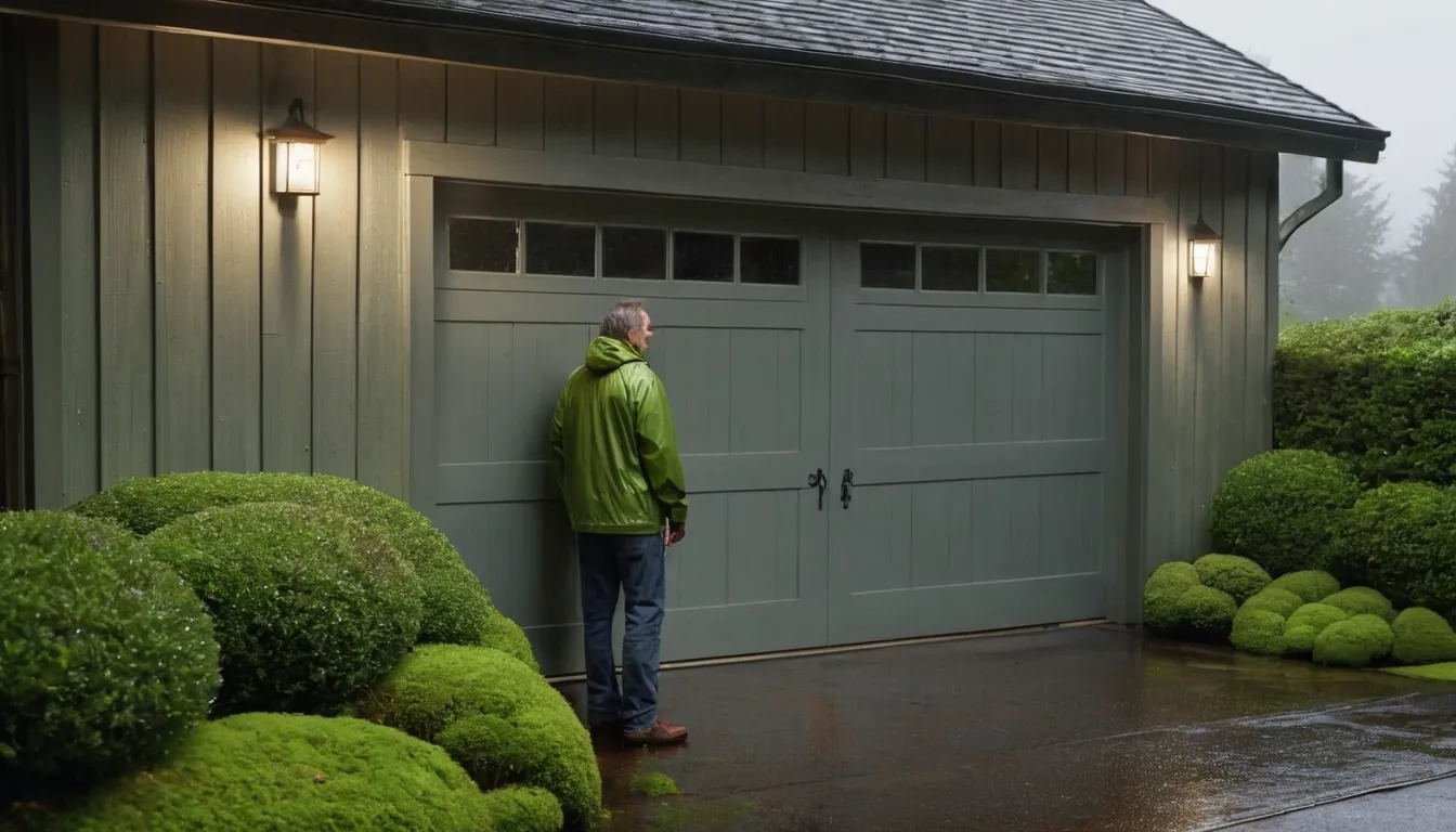 A homeowner checking a garage door in Lacey on a damp day
